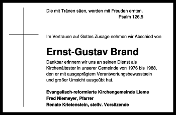 Anzeige  Ernst-Gustav Brand  Lippische Landes-Zeitung