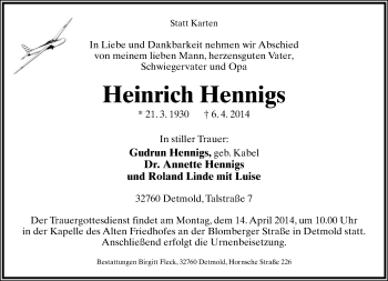 Anzeige  Heinrich Hennigs  Lippische Landes-Zeitung