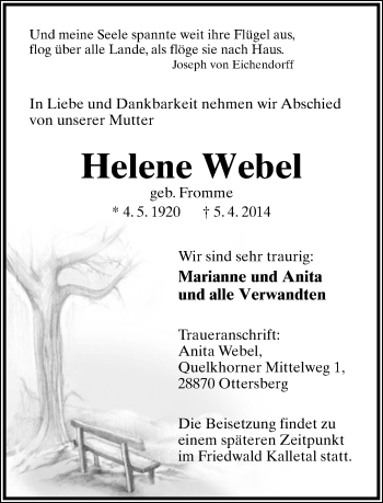Anzeige  Helene Webel  Lippische Landes-Zeitung