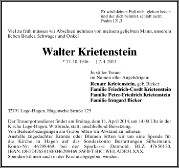 Anzeige  Walter Krietenstein  Lippische Landes-Zeitung