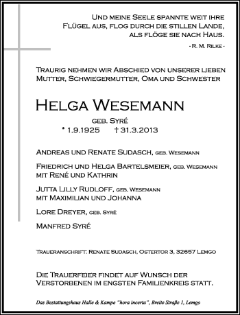 Anzeige  Helga Wesemann  Lippische Landes-Zeitung