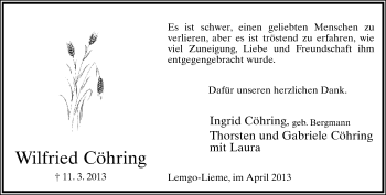Anzeige  Wilfried Cöhring  Lippische Landes-Zeitung