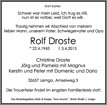 Anzeige  Rolf Droste  Lippische Landes-Zeitung