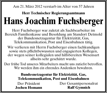 Anzeige  Hans Joachim Fuchsberger  Lippische Landes-Zeitung