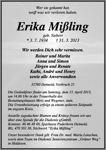 Anzeige  Erika Mißling  Lippische Landes-Zeitung