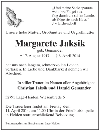 Anzeige  Margarete Jaksik  Lippische Landes-Zeitung
