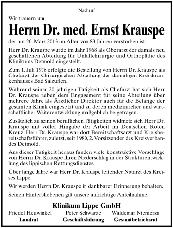 Anzeige  Ernst Krauspe  Lippische Landes-Zeitung