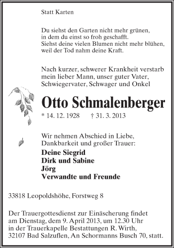 Anzeige  Otto Schmalenberger  Lippische Landes-Zeitung