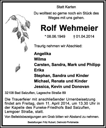 Anzeige  Rolf Wehmeier  Lippische Landes-Zeitung