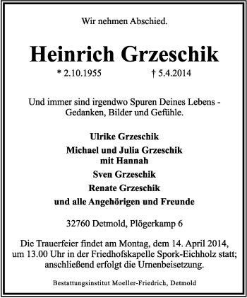Anzeige  Heinrich Grzeschik  Lippische Landes-Zeitung