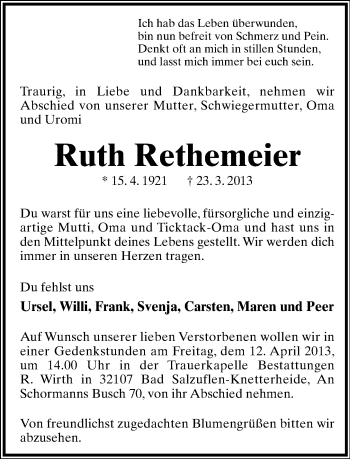 Anzeige  Ruth Rethemeier  Lippische Landes-Zeitung