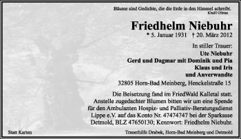 Anzeige  Friedhelm Niebuhr  Lippische Landes-Zeitung