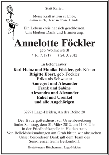 Anzeige  Annelotte Föckler  Lippische Landes-Zeitung