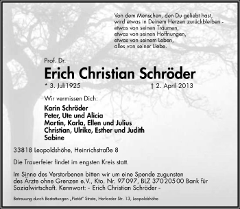 Anzeige  Erich Christian Schröder  Lippische Landes-Zeitung