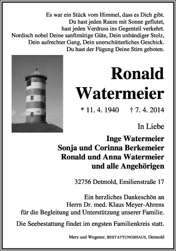 Anzeige  Ronald Watermeier  Lippische Landes-Zeitung