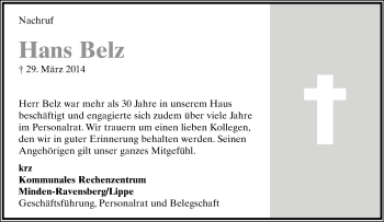 Anzeige  Hans Belz  Lippische Landes-Zeitung