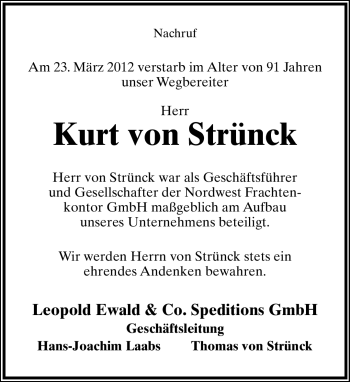 Anzeige  Kurt von Strünck  Lippische Landes-Zeitung