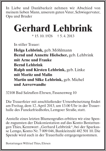 Anzeige  Gerhard Lehbrink  Lippische Landes-Zeitung