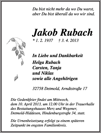 Anzeige  Jakob Rubach  Lippische Landes-Zeitung