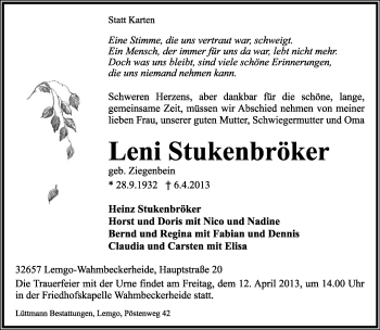 Anzeige  Leni Stukenbröker  Lippische Landes-Zeitung