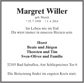 Anzeige  Margret Willer  Lippische Landes-Zeitung