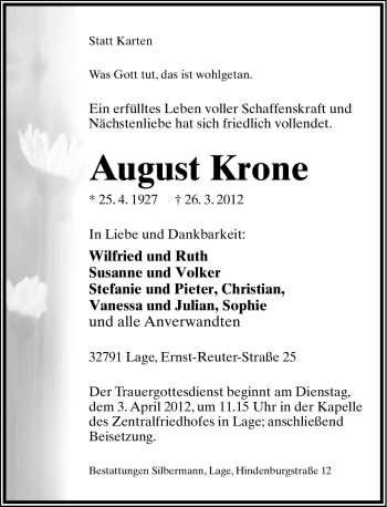 Anzeige  August Krone  Lippische Landes-Zeitung