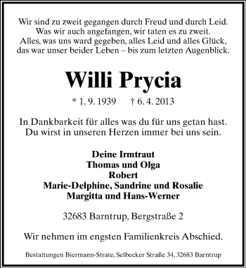 Anzeige  Willi Prycia  Lippische Landes-Zeitung