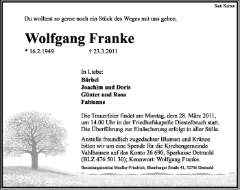 Anzeige  Wolfgang Franke  Lippische Landes-Zeitung