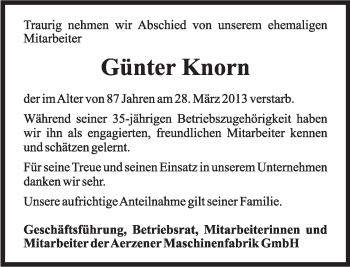 Anzeige  Günter Knorn  Lippische Landes-Zeitung