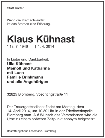 Anzeige  Klaus Kühnast  Lippische Landes-Zeitung