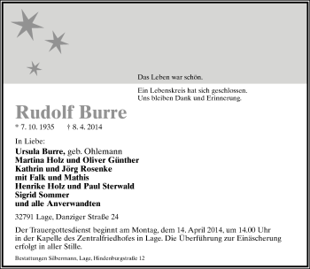 Anzeige  Rudolf Burre  Lippische Landes-Zeitung