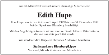 Anzeige  Edith Hupe  Lippische Landes-Zeitung