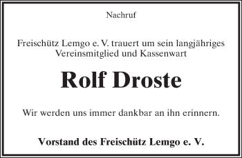 Anzeige  Rolf Droste  Lippische Landes-Zeitung