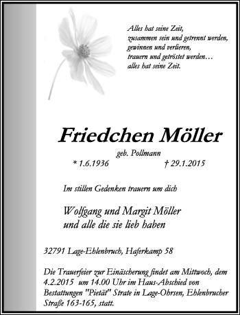 Anzeige  Friedchen Möller  Lippische Landes-Zeitung