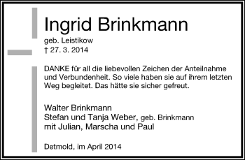 Anzeige  Ingrid Brinkmann  Lippische Landes-Zeitung