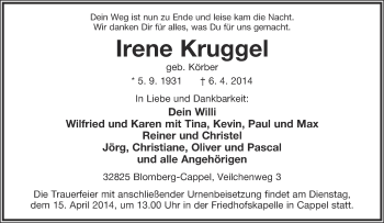Anzeige  Irene Kruggel  Lippische Landes-Zeitung