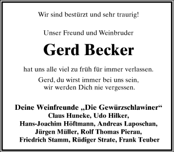 Anzeige  Gerd Becker  Lippische Landes-Zeitung