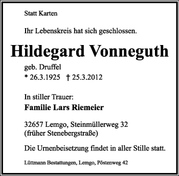 Anzeige  Hildegard Vonneguth  Lippische Landes-Zeitung