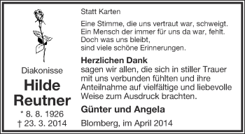 Anzeige  Hilde Reutner  Lippische Landes-Zeitung