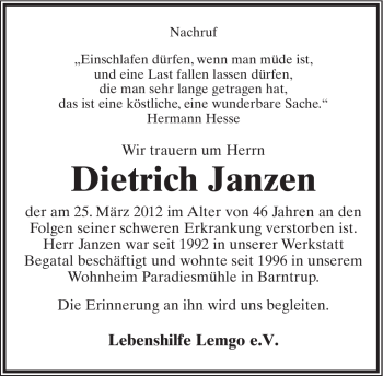 Anzeige  Dietrich Janzen  Lippische Landes-Zeitung