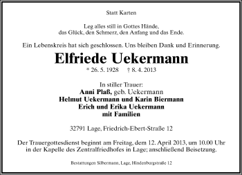 Anzeige  Elfriede Uekermann  Lippische Landes-Zeitung