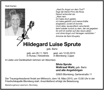 Anzeige  Hildegard Luise Sprute  Lippische Landes-Zeitung