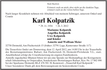Anzeige  Karl Kolpatzik  Lippische Landes-Zeitung