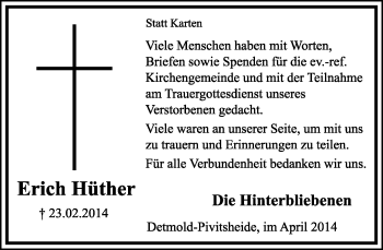 Anzeige  Erich Hüther  Lippische Landes-Zeitung