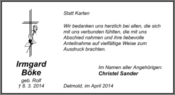 Anzeige  Irmgard Böke  Lippische Landes-Zeitung