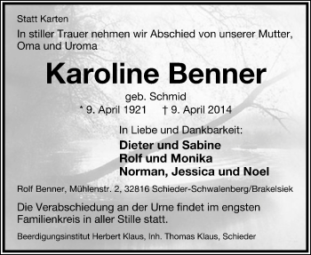Anzeige  Karoline Benner  Lippische Landes-Zeitung