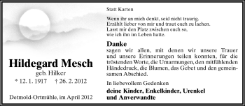 Anzeige  Hildegard Mesch  Lippische Landes-Zeitung