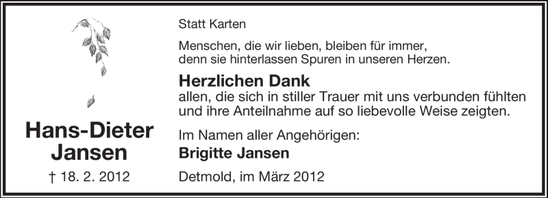  Traueranzeige für Hans-Dieter Jansen vom 31.03.2012 aus Lippische Landes-Zeitung