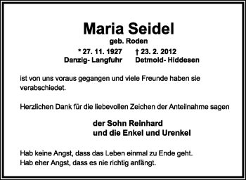 Anzeige  Maria Seidel  Lippische Landes-Zeitung