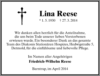 Anzeige  Lina Reese  Lippische Landes-Zeitung